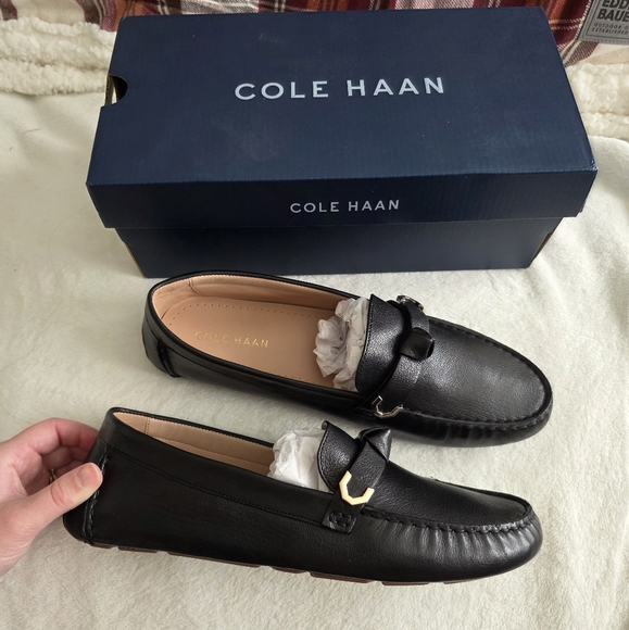 Cole Haan Leather Bow Driver Loafers Womens 9.5 Black NIB Preppy City Chic